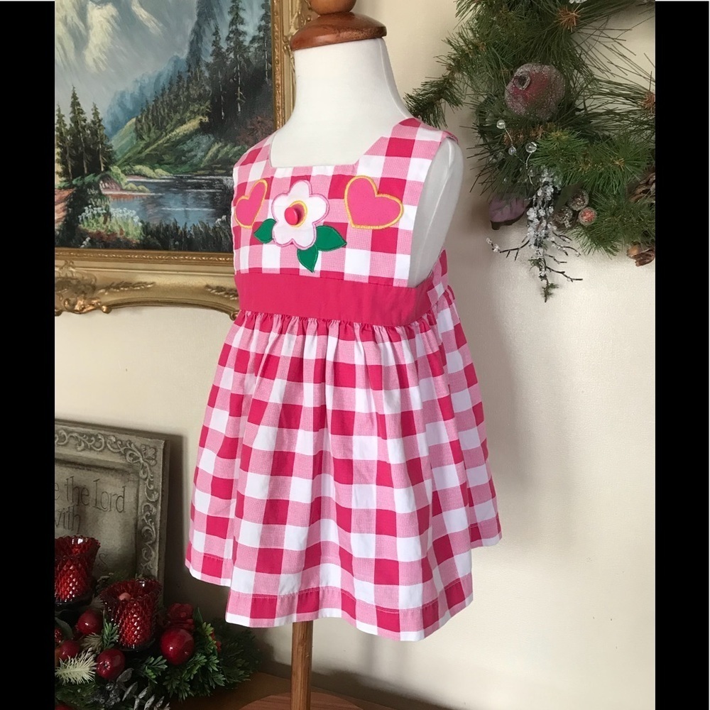 🩷 Pink Sleeveless Pinafore Gingham Flower Dress 2T - Picture 3 of 9
